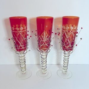 Set of 3 Bohemian 10” Champagne Flutes Cranberry Cut to Clear Wire-Wrapped